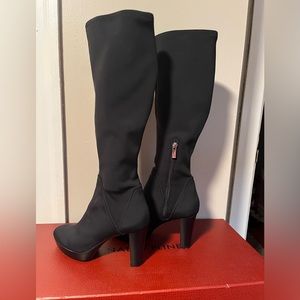 Donald Pliner Black Crepe Elastic knee high boots.